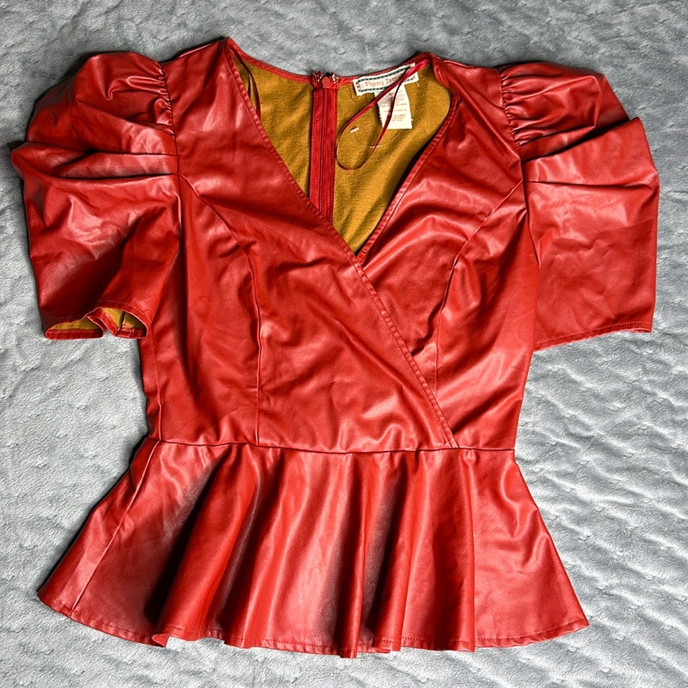 Flying Tomato Red Faux Leather Peplum Top